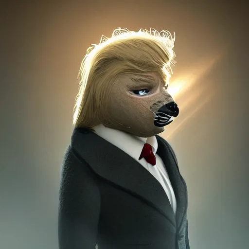 Prompt: portrait of donald trump fursuit, amazing splashscreen artwork, natural light, elegant, photorealistic felt texture, intricate, detailed, atmospheric lighting, anamorphic lens flare, cinematic lighting, hd wallpaper, ultra high details by greg rutkowski