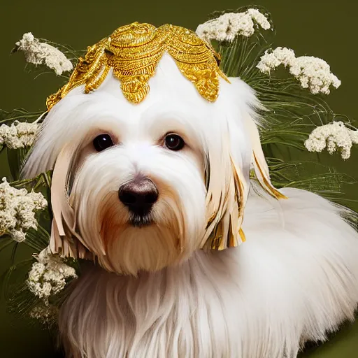 Image similar to cream - colored havanese dog wearing an ornate african necklace, a large headpiece made from flowers, soft light colored background, intriguing pose, magazine fashion photo by mark seliger