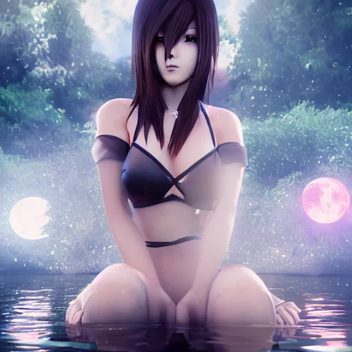 Image similar to tifa lockheart, sacred tattoos, playing in a lagoon, magical moon shines overhead, cinematic shot in the style of anime, cinematic lighting, hyperdetailed, 8 k realistic, symmetrical, global illumination, mysterious light, cryengine 5, dof, trending on artstation, trending on deviant art, digital art, chanel