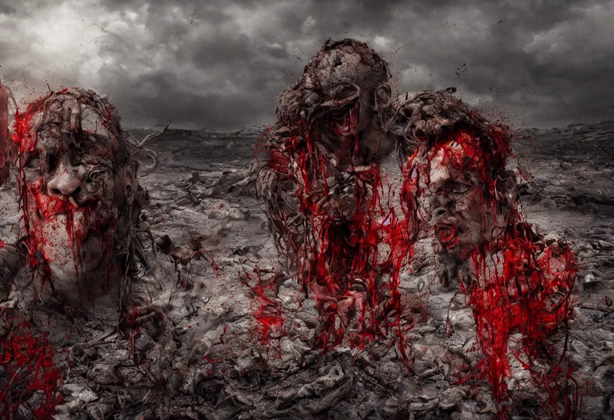 Prompt: rotten and decaying human faces in blood river in hell, ominous apocalyptic background, hyperrealism, realistic, dramatic lighting, octane render, highly detailed, cinematic lighting, cinematic, art by rubens and rembrandt