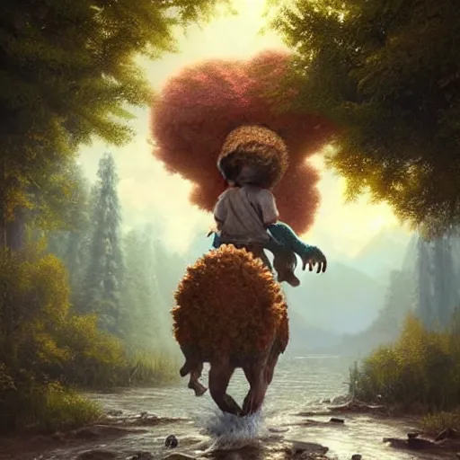 Image similar to bob ross!!! riding!!! a dinosaur!!, giant afro!, model pose, ultra realistic, concept art, intricate details, highly detailed, photorealistic, octane render, 8 k, unreal engine. art by artgerm and greg rutkowski and alphonse mucha