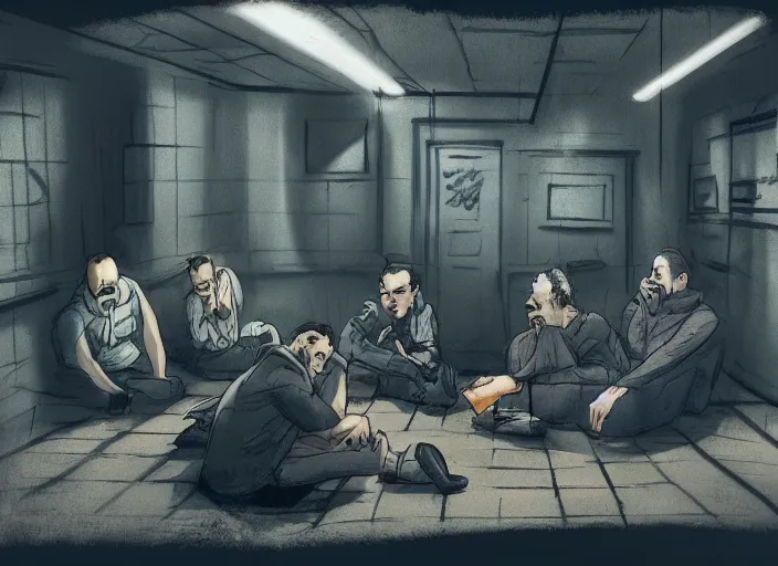 Prompt: several depressed men sit in a dark basement lit by a computer screen, artstation, dark, messy basement, monitor