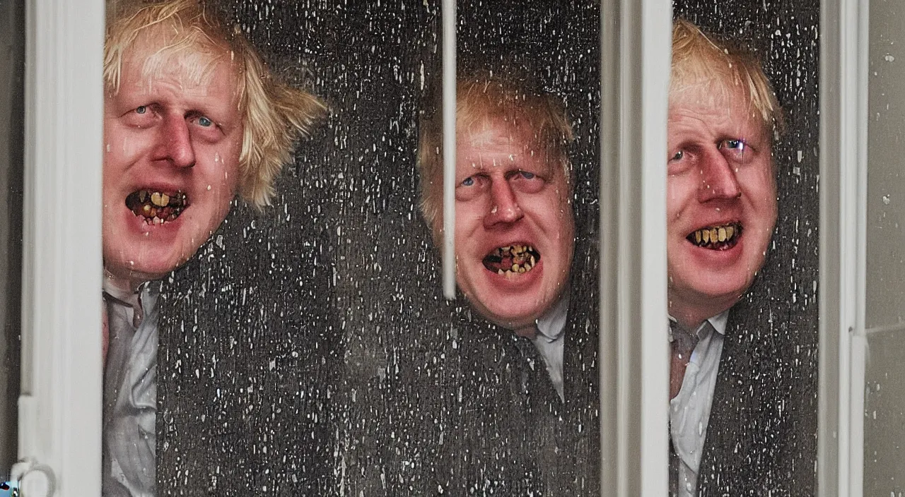 Image similar to a zoomed out photo taken from the inside of an old house, showing window blinds being pulled back to reveal a terrifying boris johnson with his unhinged face pressed against the window and his bloody hands placed on the window, horrifying grin. horror, raining, night time