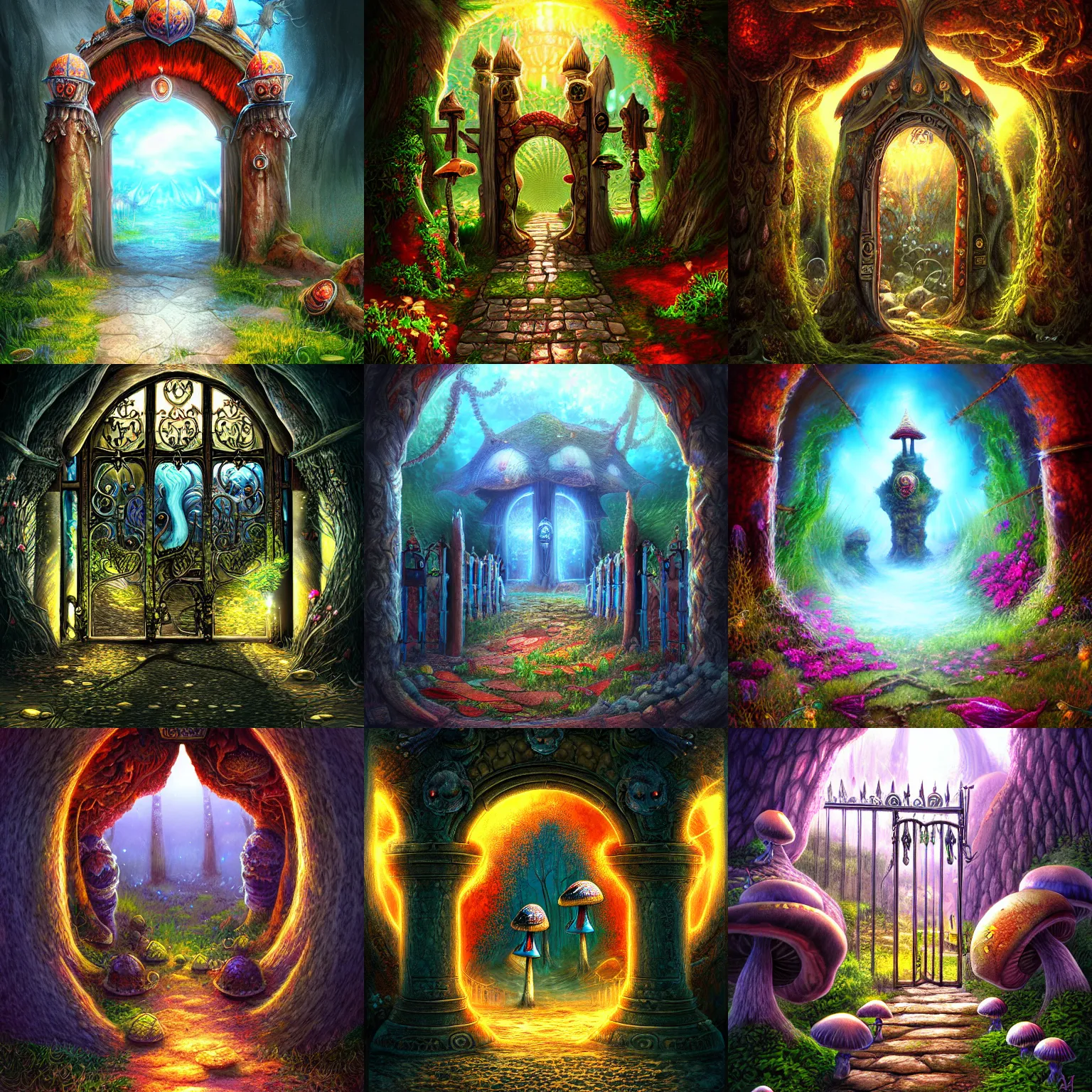 Prompt: The gate to the eternal kingdom of mushrooms, fantasy, digital art, HD, detailed.