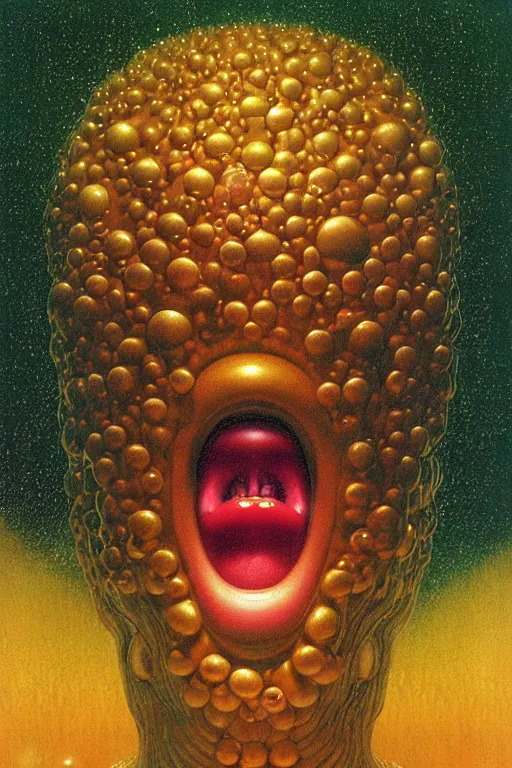 Image similar to 8 0 s close up portait of mushroom head with big mouth surrounded by spheres, rain like a dream oil painting curvalinear clothing cinematic dramatic fluid lines otherworldly vaporwave interesting details epic composition by artgerm rutkowski moebius francis bacon gustav klimt