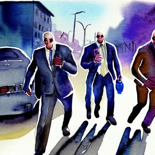 Prompt: A watercolor painting of Dallas from Payday 2, Jerma, JC Denton and Dwayne The Rock Johnson walking down a road. The sun is rising in the back, trending on artstation, very detailed