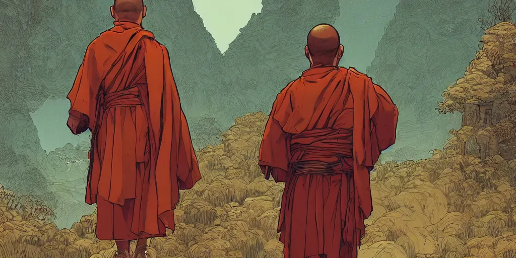 Image similar to portrait of the back of a monk, standing, Borderlands and by Feng Zhu and Loish and Laurie Greasley, Victo Ngai, Andreas Rocha, John Harris