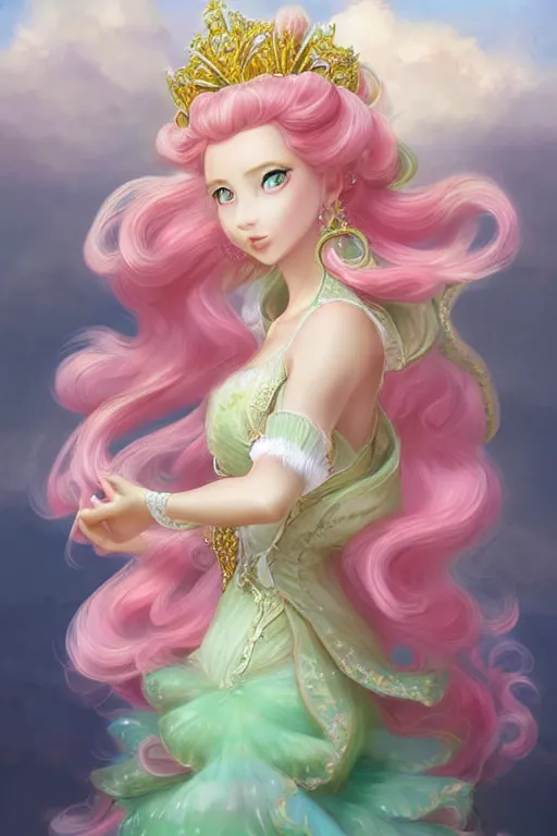 Prompt: portrait of princess peach, fantasy, gradient white pink gold, dreamy and ethereal, green eyes, golden ratio, peaceful expression, ornate frilly dress, fantasy, intricate, elegant, blue skye with clouds on the background, highly detailed, digital painting, artstation, concept art, smooth,b sharp focus, illustration, art by artgerm and greg rutkowski and alphonse mucha