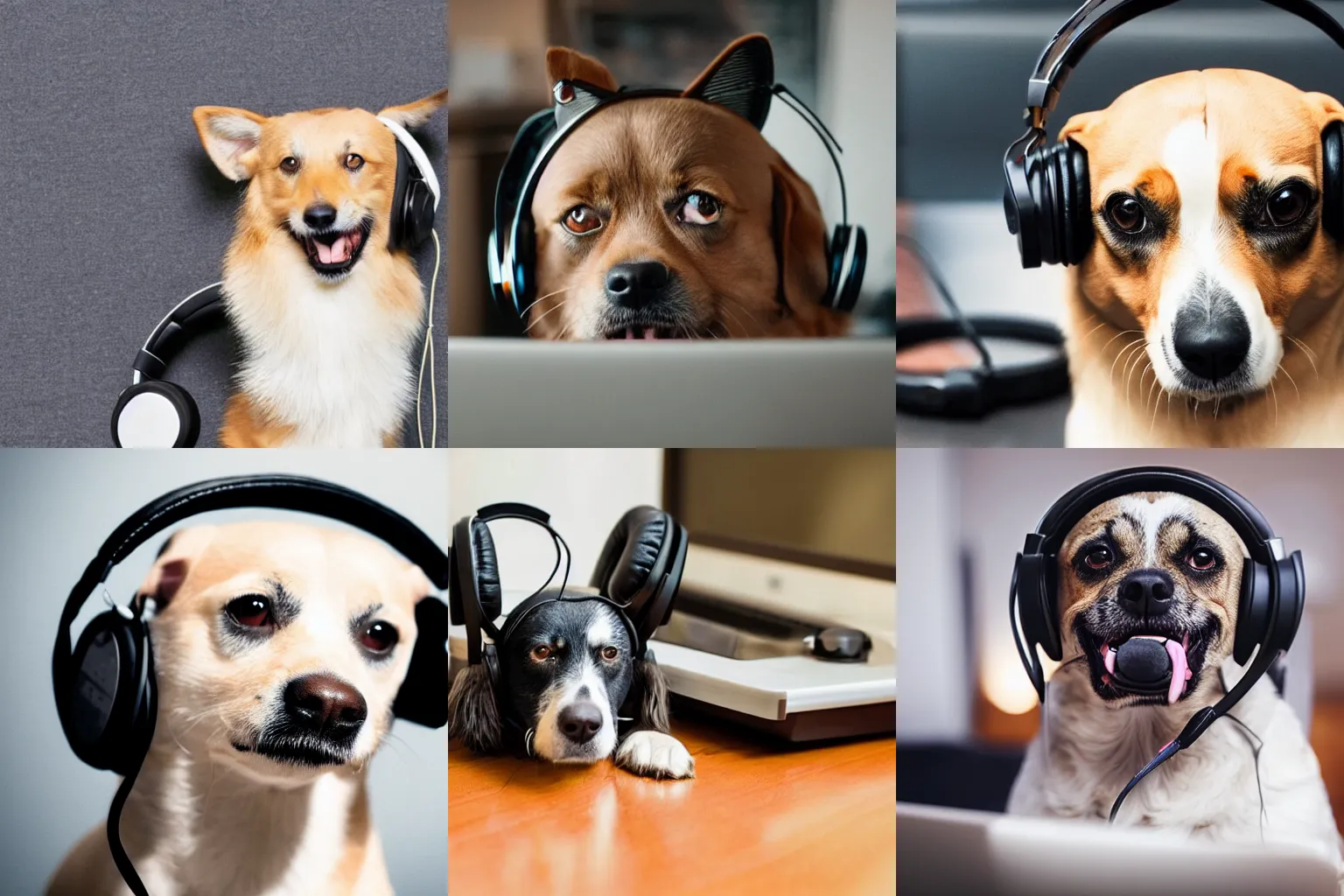 Prompt: a picture of a dog with headphones playing on a computer. he is happy and looking at the camera