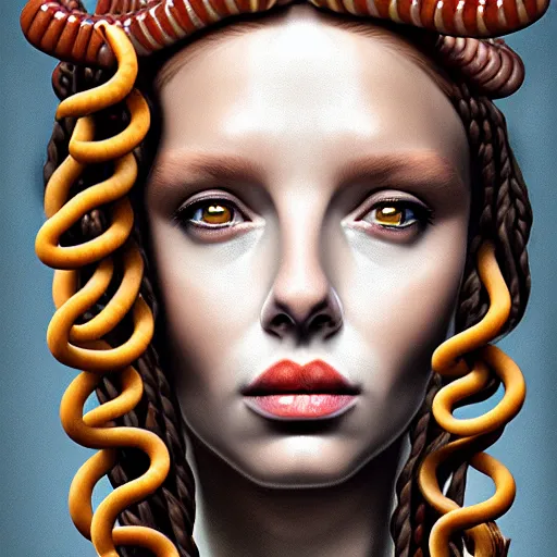 Image similar to portrait of medusa with long thin sausages instead of snakes, sausage hair, photorealistic, illustration, intricate details, masterpiece, digital art, trending on artstation