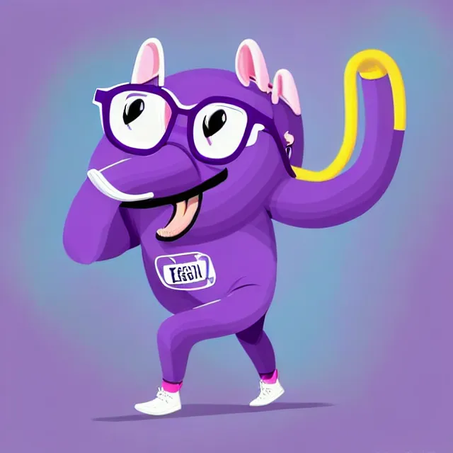 Prompt: epic professional digital cartoon illustration of a cute and adorable smiling cartoon anteater with glasses and a purple sweatband, wearing a purple sweatsuit, running on a treadmill in a gym, best on artstation, cgsociety, Behance, cosmic, epic, stunning, gorgeous, flat colours, much wow, masterpiece