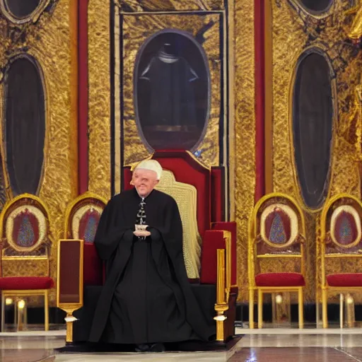 Image similar to sitting in big chair is pope benedict as chancelor palpatine in star wars episode 3, 8 k resolution, cinematic lighting, anatomically correct