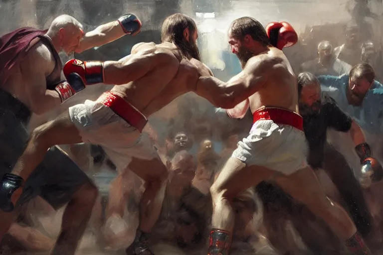 Prompt: jesus christ vs vladimir putinboxing, fighters, fist fight, detailed faces, putin face, in battle by anders zorn, wonderful, masterpiece by greg rutkowski, beautiful cinematic light, by greg manchess, jessica rossier