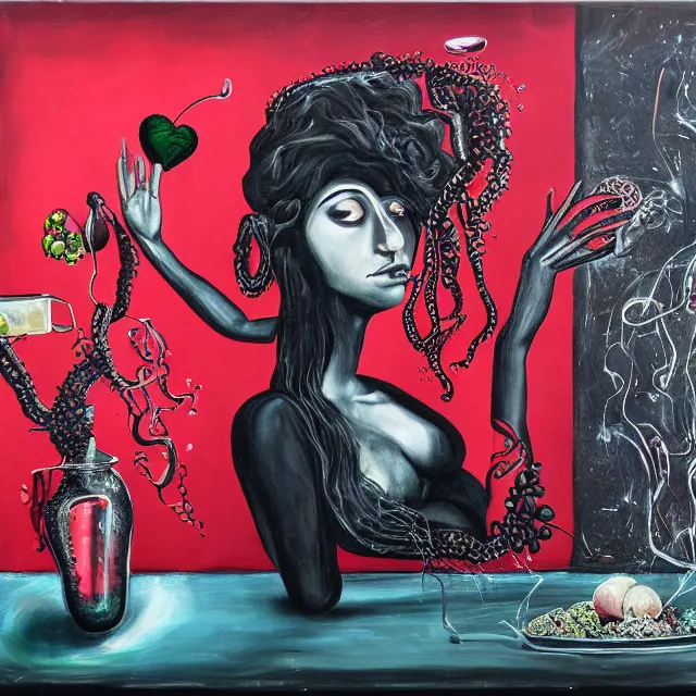 Prompt: apartment with black walls, portrait of a woman holding her heart and brain, watermelon, berries dripping juice, pomegranate, sensual, seaweed, berries, octopus, scientific glassware, neo - expressionism, surrealism, acrylic and spray paint and oilstick on canvas