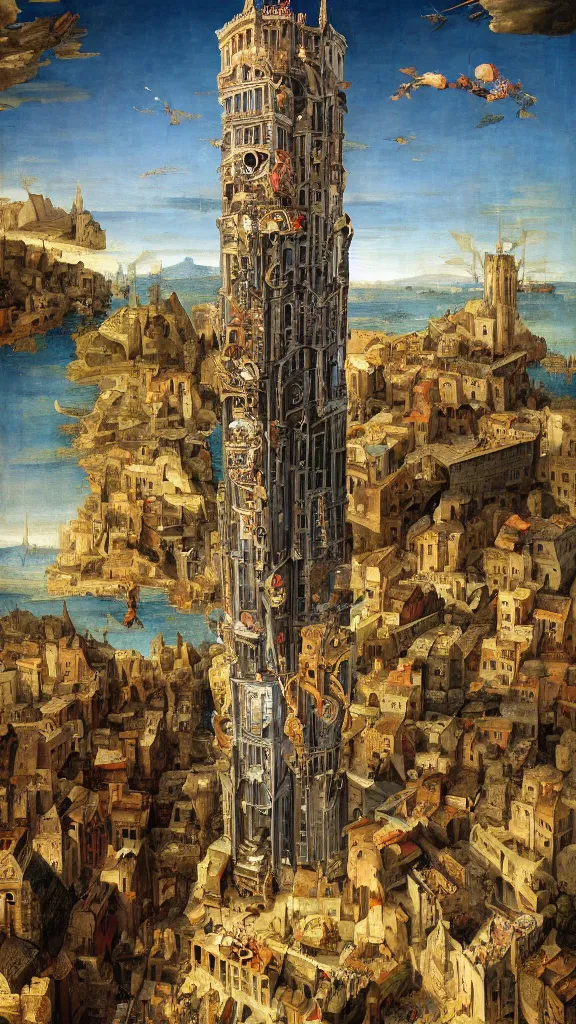 Prompt: renaissance painting of vertiginous tower, skyscraper, medieval tower turret, trippy, highly detailed, lifelike, 8 k
