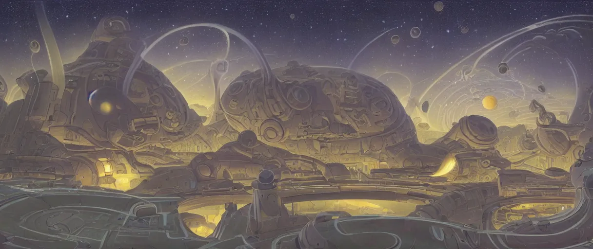 Image similar to a utopian city resting on the tongue of yog-soggoth as he slumbers curled around a wormhole in outer space by Ralph McQuarrie