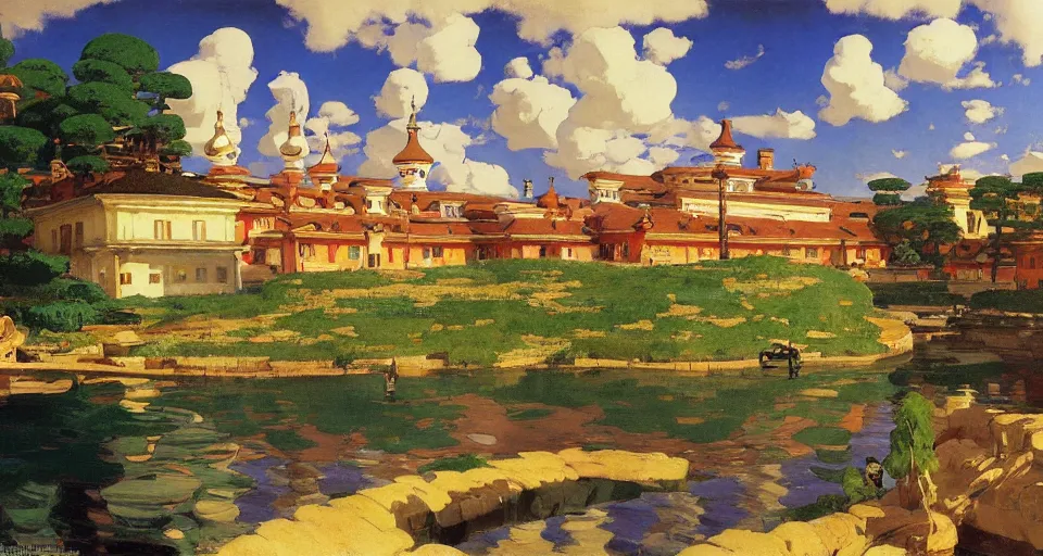 Image similar to ghibli illustrated background of a strikingly beautiful town by vasily polenov, joaquin sorolla, eugene von guerard, ivan shishkin, albert edelfelt, john singer sargent, albert bierstadt 4 k