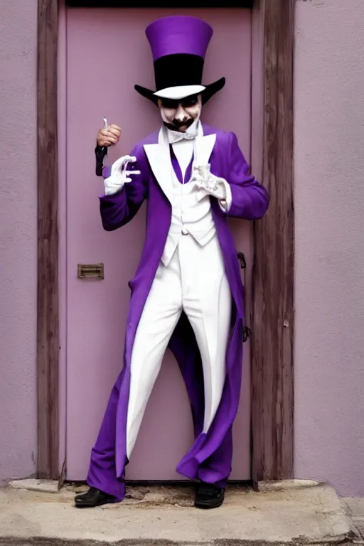 Image similar to a purple skinned tiefling with a goatee wearing a white suit and tophat standing in a doorway, purple skin, goatee, by Mark Brooks