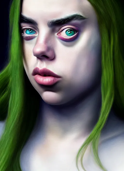 Image similar to Billie Eilish as Female Loki, beautiful facial symmetry, olive skin color, hyper realistic, hyper detail, very detailed, digital art, trending on artstation, smooth render, 8k octane render, digital illustration, by Katsuhiro Otomo and Shigeru Miyamoto