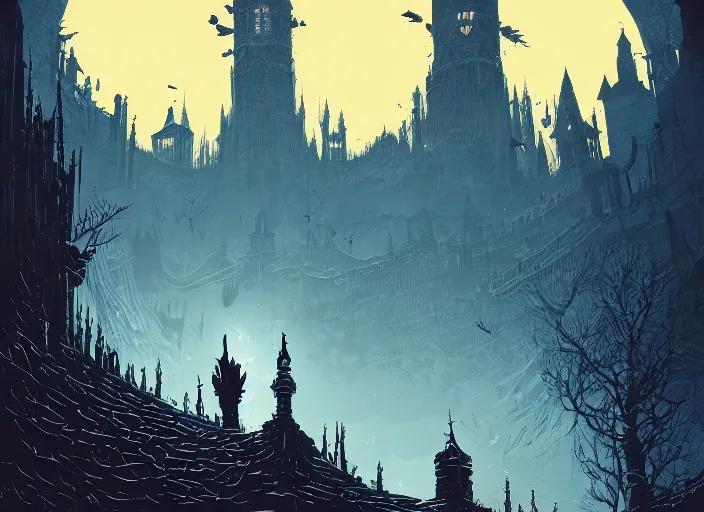 Prompt: bloodborne kingdom by android jones and petros afshar, tom whalen, james gilleard