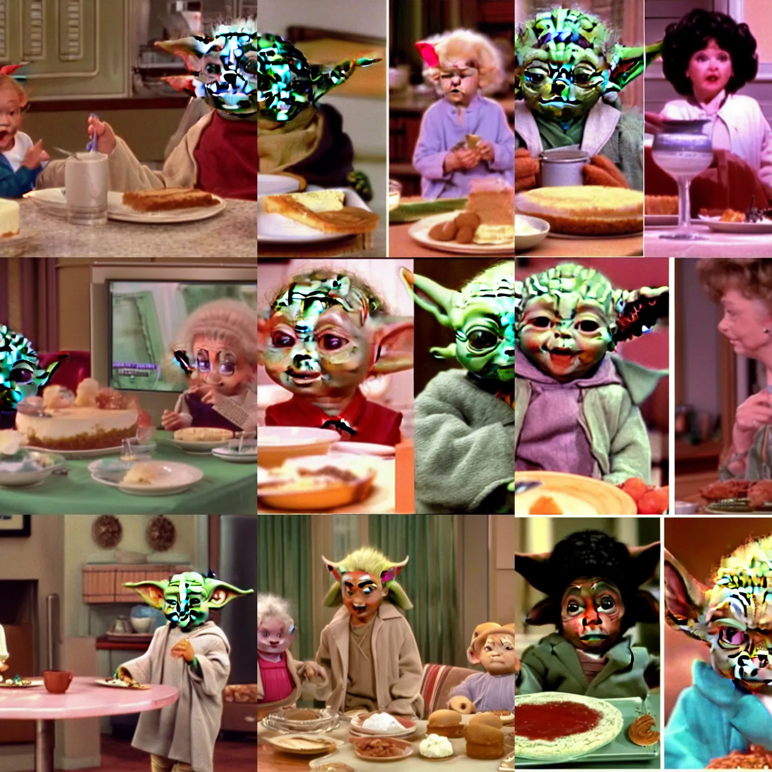 Prompt: 1 baby yoda ( 2 0 1 4 ) as sophia at the kitchen table eating cheesecake with dorothy on the tv show golden girls ( 1 9 8 5 ) 8 k, 4 k