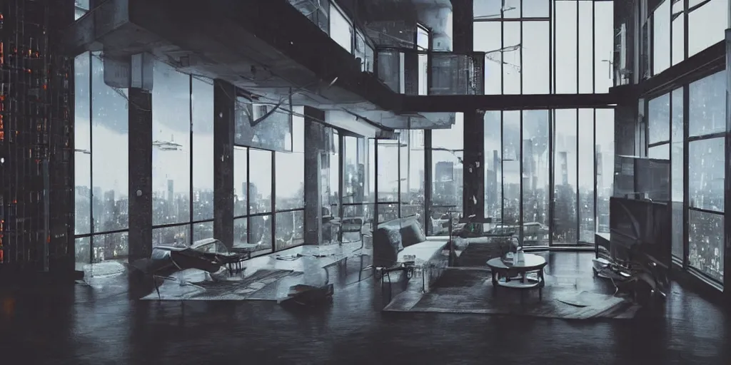 Prompt: Picture of a loft in evening, science-fiction, cyberpunk city, rainy day outside, luxury, interior design, tall windows