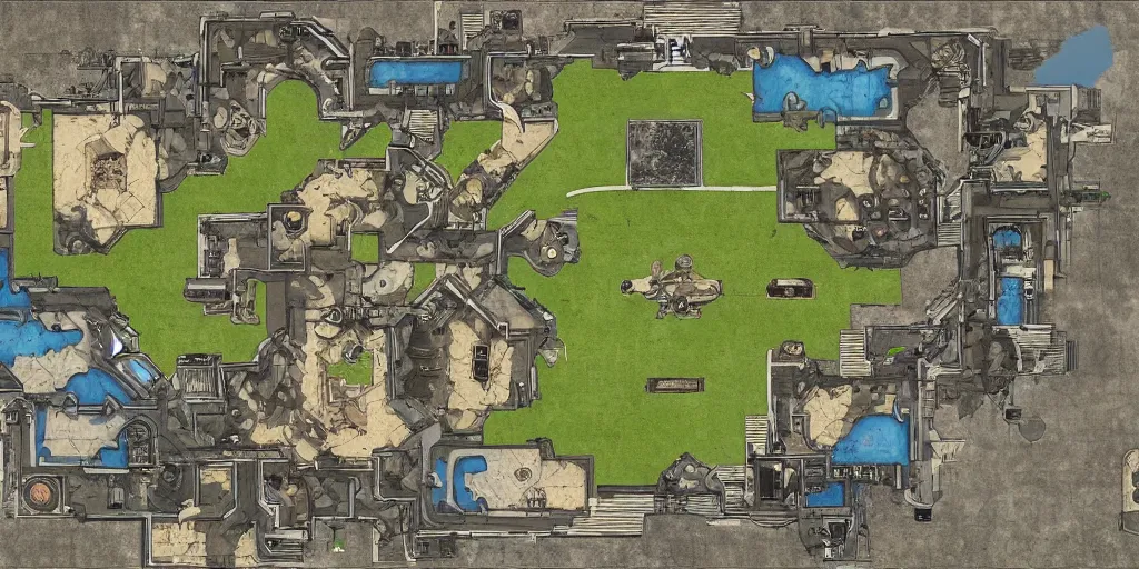 Prompt: architectural floor plan gears of war map hybrid halo minimap, symmetrical outpost, award winning design