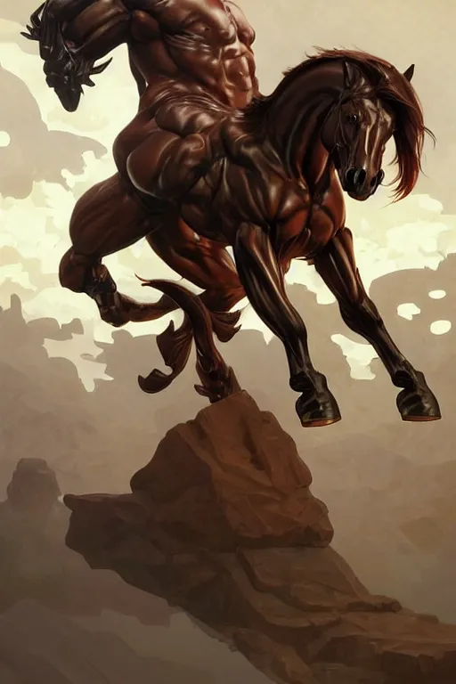 Prompt: splash art of an exaggeratedly muscular anthropomorphic horse at a research facility wearing a power - restricting suit, leather suit, clothing, highly detailed, digital painting, artstation, concept art, sharp smooth focus, illustration, art by artgerm and greg rutkowski and alphonse mucha