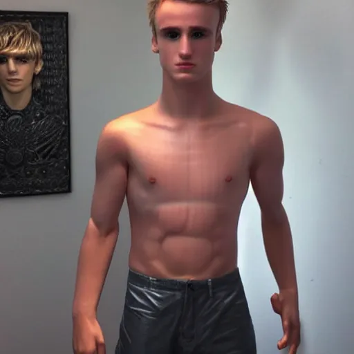 Image similar to “a realistic detailed photo of a guy who is an attractive humanoid who is half robot and half humanoid, who is a male android, Jack Laugher, shiny skin, posing like a statue, blank stare”