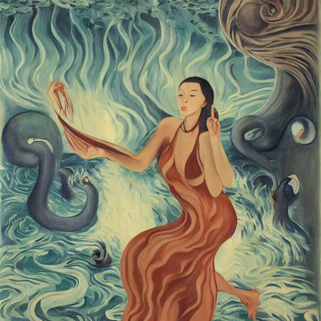 Image similar to tall female artist holding a nautilus in her flooded kitchen, pomegranates, octopus, water gushing from ceiling, painting of flood waters inside an artist's apartment, a river flooding indoors, candles, ikebana, zen, rapids, waterfall, black swans, canoe, berries, acrylic on canvas, surrealist, by magritte and monet