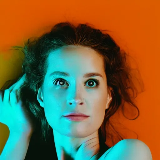 Prompt: photo of a beautiful woman lit from below with turquoise light and from above with golden orange light in the style of mandy moores in my pocket music video