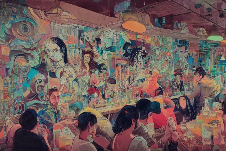 Image similar to Drunks people in bar, Tristan Eaton, victo ngai, artgerm, RHADS, ross draws