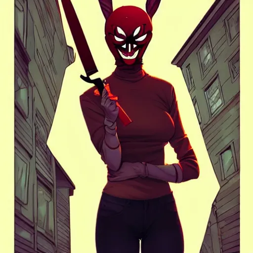 Image similar to style of Jaime McKelvie and Joshua Middleton comic book art, bunny mask female villain The Purge holding a knife red, standing in an alleyway, full body sarcastic pose, knee high socks, symmetrical body, realistic body, night, horror