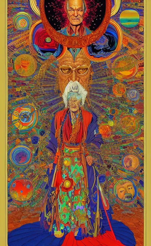 Prompt: a wickedly hilarious jean giraud work of art of timothy leary in the style of a renaissance masters portrait, mystical and new age symbolism and tibetan book of the dead imagery