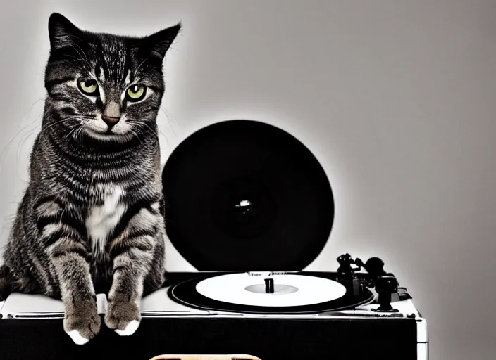 Image similar to photography of a Cat sitting on a record player. in a room full of vinyls and posters out of the 70's, photorealistic, raining award winning photo, 100mm, sharp, high res