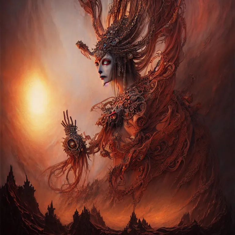 Image similar to a beautiful detailed 3d matte painting of female empress of the dead, by ellen jewett, by tomasz alen kopera, by Justin Gerard, ominous, magical realism, texture, intricate, ornate, royally decorated, skull, skeleton, whirling smoke, embers, red adornements, red torn fabric, radiant colors, fantasy, volumetric lighting, high details