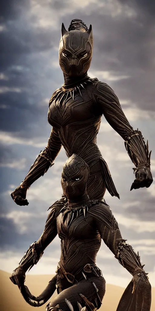 Image similar to jumping tribeswoman, destroyed armor, inspired by monster hunter and westerns, muscular body, clean beautiful symmetrical face, subtle make up, epic,dramatic lighting, cinematic, establishing shot, extremely high detail, photorealistic, black panther the movie, dune the movie, cinematic lighting, artstation, octane render, western,old photo, vintage