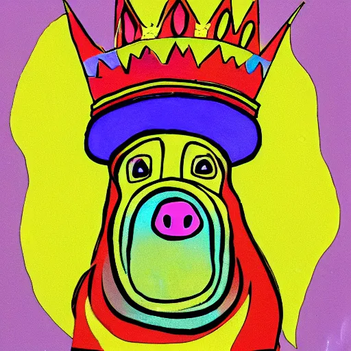 Image similar to pig wearing a simple gold crown in the style of peter max