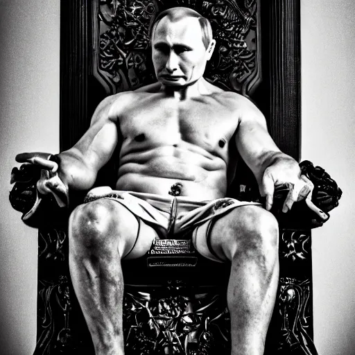 Image similar to A photo of putin the barbarian sitting on his throne, award winning photography, sigma 85mm Lens F/1.4, blurred background, perfect faces