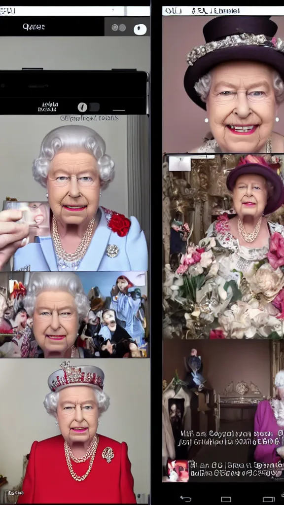 Prompt: queen elizabeth tiktok live stream screenshot