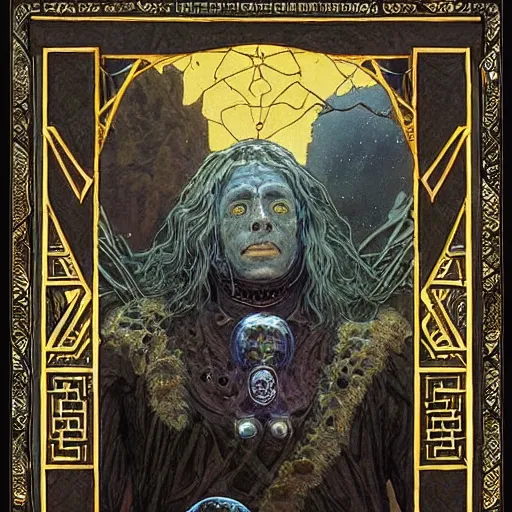 Prompt: portrait of golem the earth warrior made with rock and black obsidian and thunder by Jeff Easley and Peter Elson + beautiful eyes, beautiful face + symmetry face + border and embellishments inspiried by alphonse mucha, fractals in the background, galaxy + baroque, gothic, surreal + highly detailed, intricate complexity, epic composition, magical atmosphere + masterpiece, award winning + trending on artstation