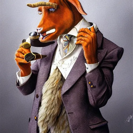 Prompt: commissioned artwork of a furry anthro goat smoking a cigar, three piece suit, painted todd lockwood, jeff easley, greg rutkowski, james gurney, artgerm, digital art, trending on artstation, award - winning, vivid, detailed