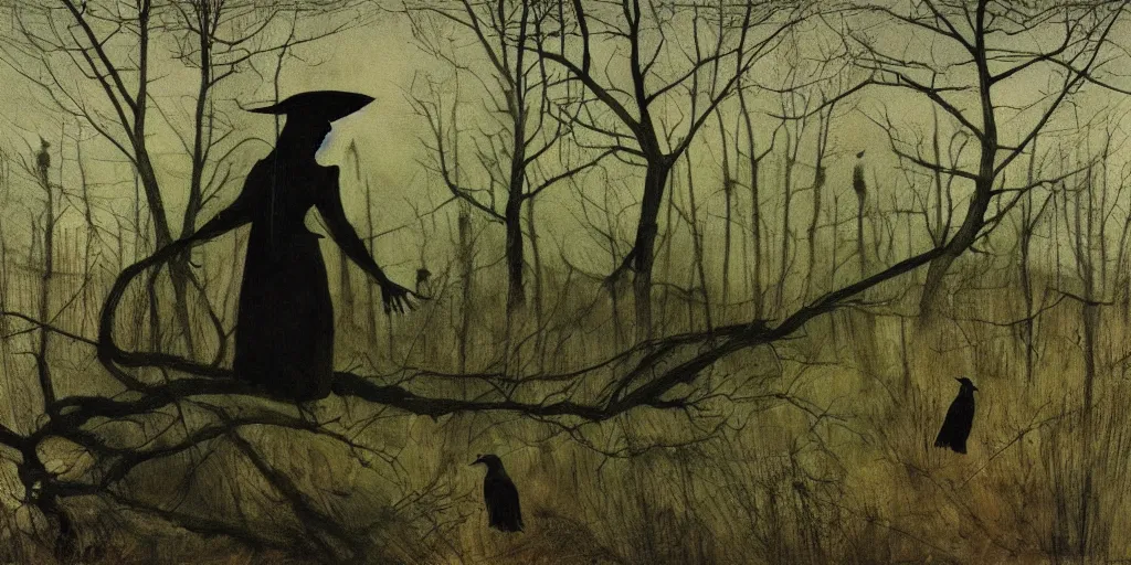 Image similar to the creepy witch with crows, out in the dark woods, a painting by Andrew Wyeth