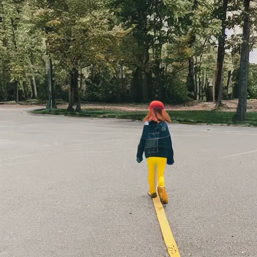 Prompt: a little girl walks away walking in the middle of a road that stretches between trees, the centerline strip is yellow, highly detailed, sharp focus