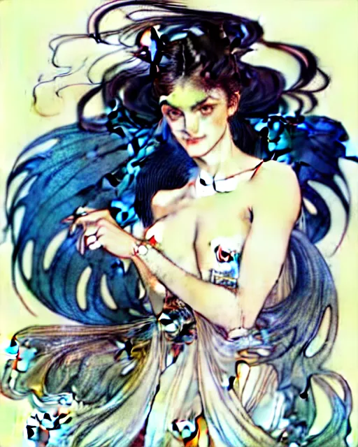 Image similar to in the style of artgerm, arthur rackham, alphonse mucha, phoebe tonkin, symmetrical eyes, symmetrical face, flowing blue skirt, full entire body, hair blowing, intricate filagree, hidden hands, warm colors, cool offset colors