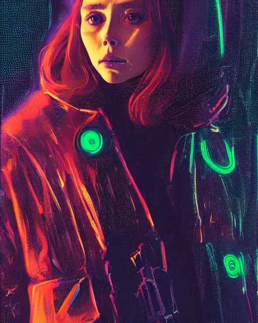 Image similar to detailed portrait of elizabeth olsen as a neon operator girl, cyberpunk futuristic, neon, reflective puffy coat, decorated with traditional japanese by ismail inceoglu dragan bibin hans thoma greg rutkowski alexandros pyromallis nekro rene margitte, illustrated, perfect face, fine details, realistic shaded, fine - face, pretty face