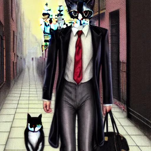Image similar to sophisticated cat wearing a suit walking to work in London city 1980, full body, 80s London city, digital painting, baroque, sc-fi, realistic, hyperdetailed, chiascuro, concept art, art by art by Franz Hals and Jon Foster and Ayami Kojima and Amano and Karol Bak