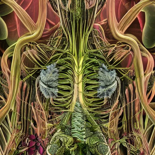 Image similar to a beautiful detailed photo of a full body rotten woman corpse morphing into fractal plants and fractal flowers and mushrooms, muscles, veins, anatomical, intricate, ornate, volumetric light, beautiful lit, beetlejuice