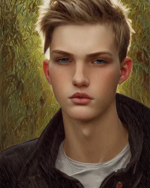 Image similar to portrait of 1 5 - year - old boy, a tall, slender boy with a pale, pointed face, sleek blond hair, and ice grey eyes, hyper realistic face, beautiful eyes, close up, fantasy art, in the style of greg rutkowski, intricate, alphonse mucha, hyper detailed, smooth