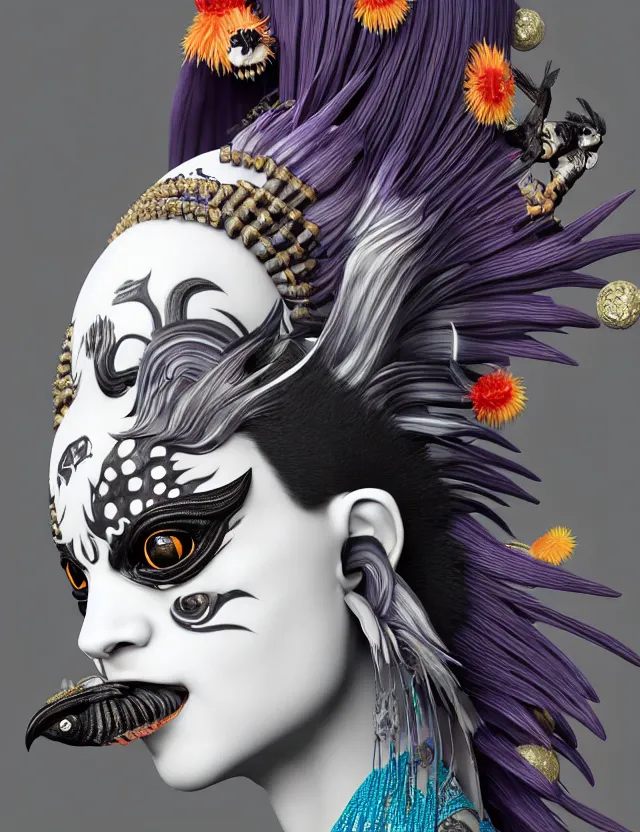 Image similar to 3 d goddess close - up profile portrait punk with mohawk with ram skull. beautiful intricately detailed japanese crow kitsune mask and clasical japanese kimono. betta fish, jellyfish phoenix, bio luminescent, plasma, ice, water, wind, creature, artwork by tooth wu and wlop and beeple and greg rutkowski